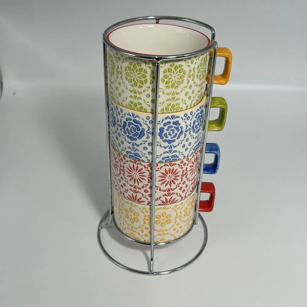 Pier 1 Imports Stackable Stoneware Mugs Set of 4 w/ Metal Stand Coffee  Cup